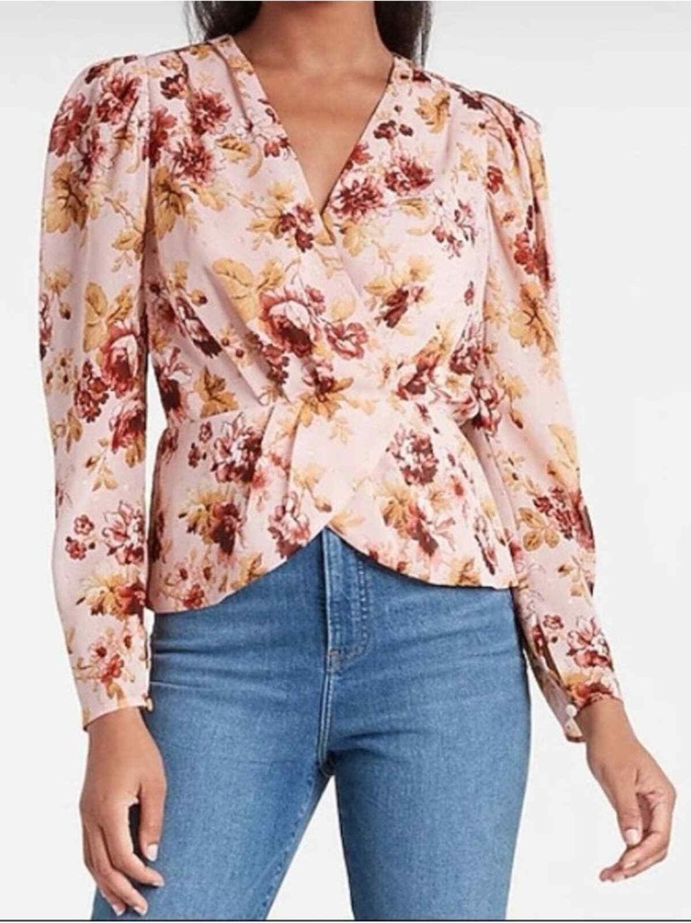 Express Pink Floral Wrap Peplum Blouse - XL